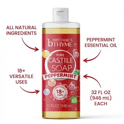 Pure Castile Liquid Soap Refill - Peppermint Scent, 32 oz Pack of 2 | Gentle, Vegan Formula for Hair & Body