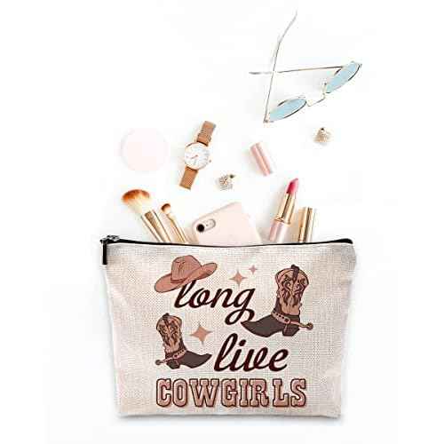 Sufamb Long Live Cowgirls Retro Western Boots Hat Makeup Bag,Beige Preppy Cosmetic Pouch,Christmas Birthday Gifts for Teen Girls Best Friends,Cowgirl Gifts for Girls
