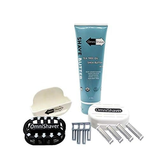 Premium Omnishaver Kit - The Fastest Way to Shave Head, Legs, Arms, Body | An Alternative to Disposable Shaving Razors Self Cleans & Strops During Use with Shave Butter & Replacement Cartridge - White