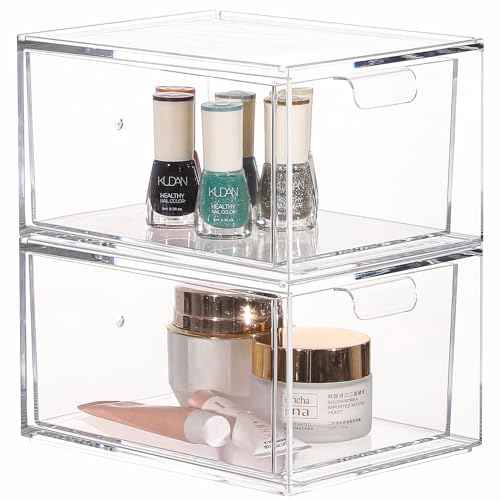 Cq acrylic Stackable Storage Drawers Set of 2,Under Cabinet Stackable Bins and Pull out Drawers Storage Container,4.4'' Tall Clear Plastic Organizer Bins for Makeup,Beauty Product,Machine Organizing