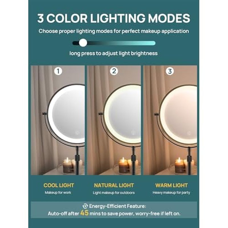 OMIRO 3X/10X Magnifying Makeup Mirror with Lights, 8.5 Inches Double Sided Swivel-Free Vanity Mirror with Height-Adjustable Stand. (Black)