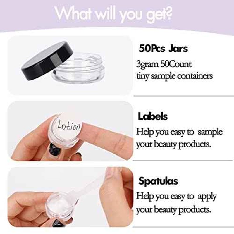 3 Gram Sample Containers with Lids, 50 Count Tiny Sample Jars, Empty Lip Balm Containers, Mini Cosmetic Containers with Lids, Makeup Travel Containers with Labels, Mini Disposable Spatulas