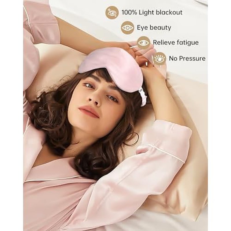 100% Mulberry Silk Bonnet for Sleeping Women Silk Hair Bonnet Elastic Tie Band Hair Wrap with Silk Hair Scrunchies and Silk Sleep Eye Mask(Bean Paste+Pink)