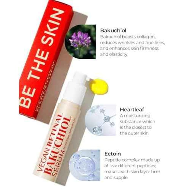 BE THE SKIN Vegan Retinal Bakuchiol Serum - Anti Aging Face Serum for Lines, Wrinkles, Pores - Gentle Skincare for Day & Night - Hypoallergenic, Korean Skincare, 0.68 oz.