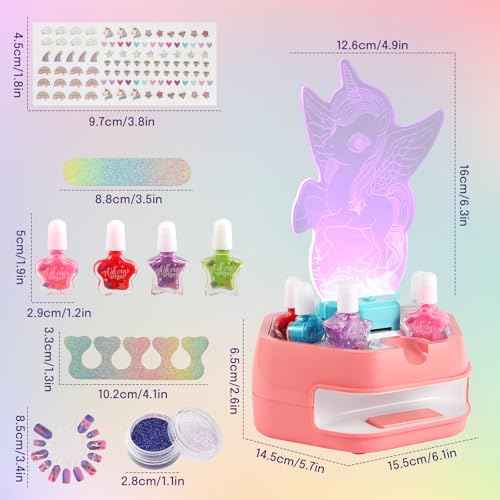 Fostro Unicorn Water-Based Nail Art Kit for Girls 6-12 | Complete Salon Set with Mini Dryer, Press-On Nails & Stickers | Non-Toxic Toy Gift Set (Set)