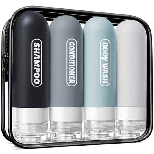 Silicone Travel Bottles for Toiletries with Labels, 3oz TSA Approved Squeezable Travel Size Containers, Leak Proof Travel Shampoo and Conditioner Bottles with Toiletry Bag (4 Pack, Dark Color)