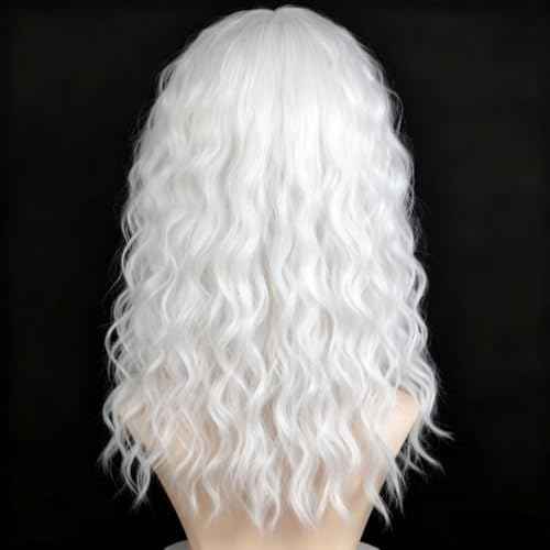 White Curly Wigs with Bangs for Women Long Soft Curly Wavy Wigs Natural Synthetic Hair Party Halloween Costume Cosplay Wigs