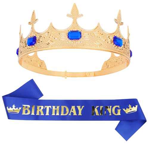 CURASA Birthday King Crowns for Men Gold Birthday Crown for Men Royal Blue Birthday King Sash and Crown Birthday Sash for Men Birthday Decoration Hair Accessories for Mens Party Prom