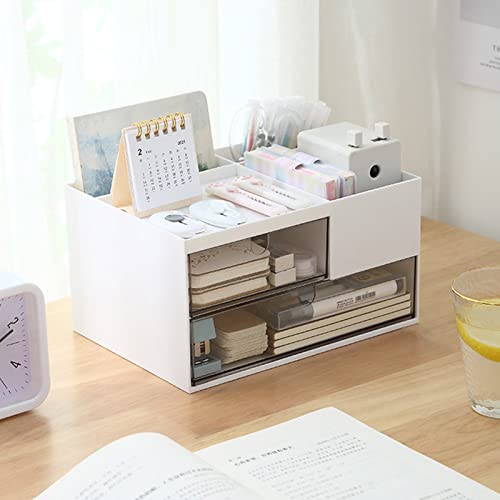 Makeup Organizer with 2 Drawers, Desk Organizer, 4 Compartments, Cosmetics Storage Box for nail polish,Lipstick, Brushes, Jewelry, Skincare, Bathroom Organization Boxes - White