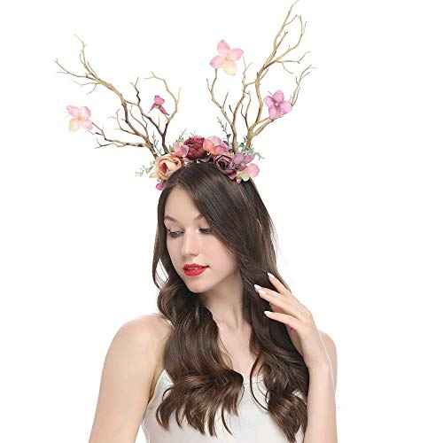 XIDAJIE Deer Antler Flower Crown Headbands Halloween Chritmas Long Antler Flower Branches Headband Props Horns Headpieces Hair Band Photo Shoot Forest Goddess Headdress Headwear, Light Brown