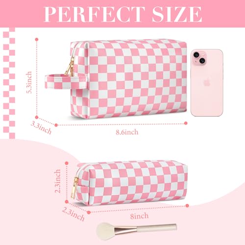 2Pcs Makeup Bag for Women, Large Checkered Cosmetic Bags with Small Makeup Brushes Bag Set, Cute Leather Make Up Orgnizer with Zipper, Travel Skincare Toiletry Storage Bag for Teens Girls Gifts(Black)