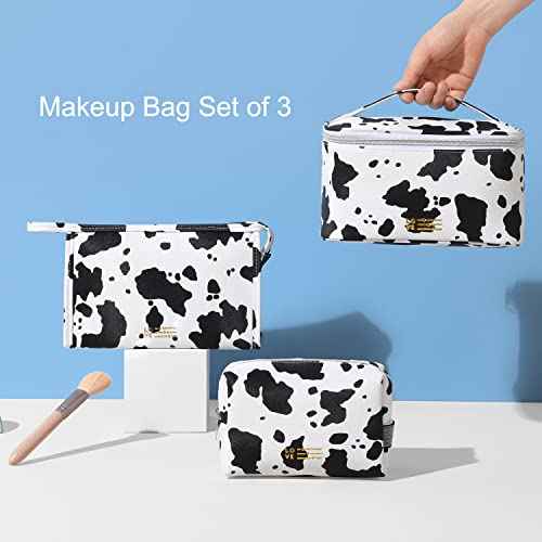 MIRASON Makeup Bag Travel Toiletry Bag for Women, Cute Make Up Bag Set of 3 for Purse Pouch Zipper Makeup Organizer Bag PU Leather Washable Waterproof Cosmetic Bag (Cow Print)