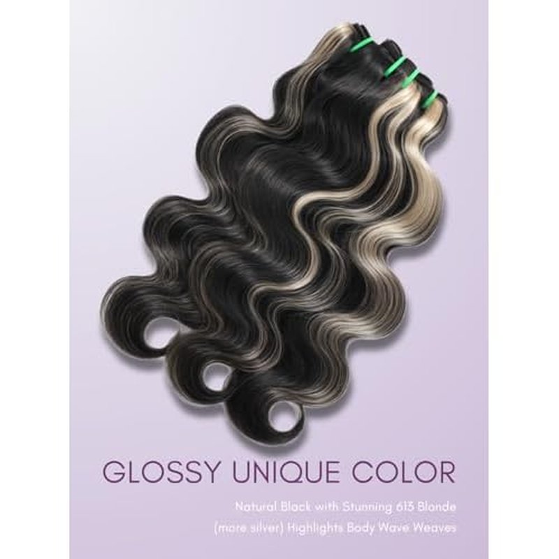 Black With Blonde Highlight Body Wave Single Bundles Human Hair 18 In, Blonde Highlight Skunk Stripe Bundles Thick Track Sew In # F1B/613 Ombre Balayage Colored Brazilian Quick Weave Sew In Remy