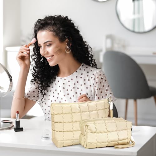 Richeart Makeup Bag Travel Toiletry Bag - Checkered Down Cotton Makeup Pouch for Women with Cosmetic and Pencil, Aesthetic Khaki Design, 2 Pieces
