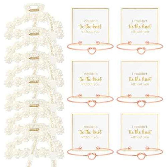 DEEKA 12 Pcs Bridesmaid Proposal Gifts, Pearl Hair Claw Clips & Bridesmaid Knot Bracelet Bachelorette Party Wedding Favors Bridal Party Present Hair Accessories for Women(Rose Gold Bracelets)