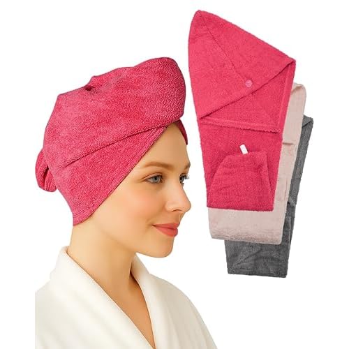 Textila 100% Cotton Hair Wrap Towels for Women, (Pack of 3 - Raspberry, Pink & Grey) Head Towel Cap, Cotton Hair Turban Towel Wrap for Long Curly Anti Frizz Hair, Soft and Absorbent Cotton Hair Towels