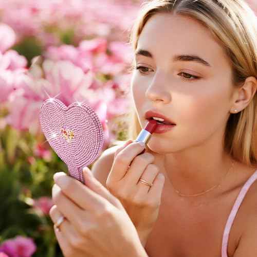 Bling Rhinestone Heart Hand Mirror Pink, Large 7.1x5.1 inch HD Handheld Mirror, Sparkling Cosmetic Vanity Mirror, Lash Mirror Tool for Women Teen Girls Gift