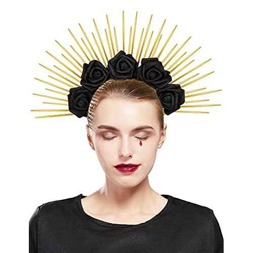 Fantherin Halo Crown with Roses Womens Mexican Flower Goddess Rose Spiked Sun Headpiece for Cosplay Halloween Costume