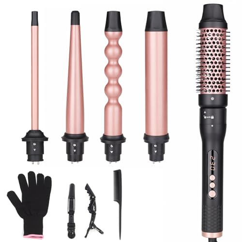 5 in 1 Curling Iron Brush Set with Thermal Brush and 4 Interchangeable Ceramic Curling Wand(0.5¡±-1.25¡±), Fast Heating, Dual Voltage, Include Glove