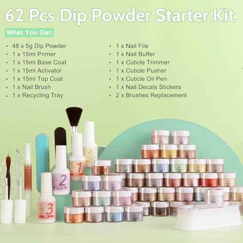 Lavender Violets 62 Pcs Dip Powder Nail Kit Starter, 48 Colors Nude Pink Brown Red Green Blue Purple Glitter with Dip Powder Liquid Set and Essential Manicure Tools for Nail Art Designs G902