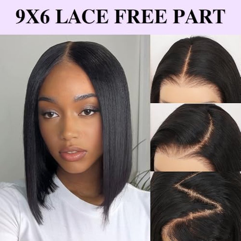 Yaki Straight Bob Human Hair Wigs 9x6 Bye Bye Knots HD Lace Front wig Glueless Wigs Human Hair Pre Plucked Pre Cut Pre Everything Yaki Bob 180% Density 10Inch