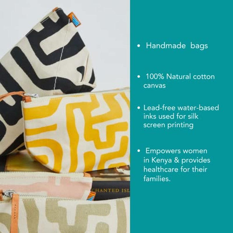 Ubuntu Life Kuba Pouch ? Makeup & Toiletry Bag for Women Made with Natural Cotton Canvas, Stylish Cosmetic Bag with Kuba African Print (Black & Eggshell, Large)