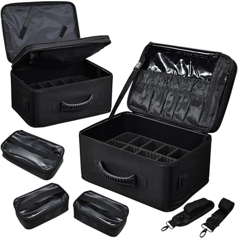 Costravio Makeup Bag Organizer Large Makeup Case Backpack Professional 2 Layers Cosmetic Storage Organizer Brush Slot with 3 Clear Set Bags for Makeup Artists with Shoulder Strap Adjustable Dividers