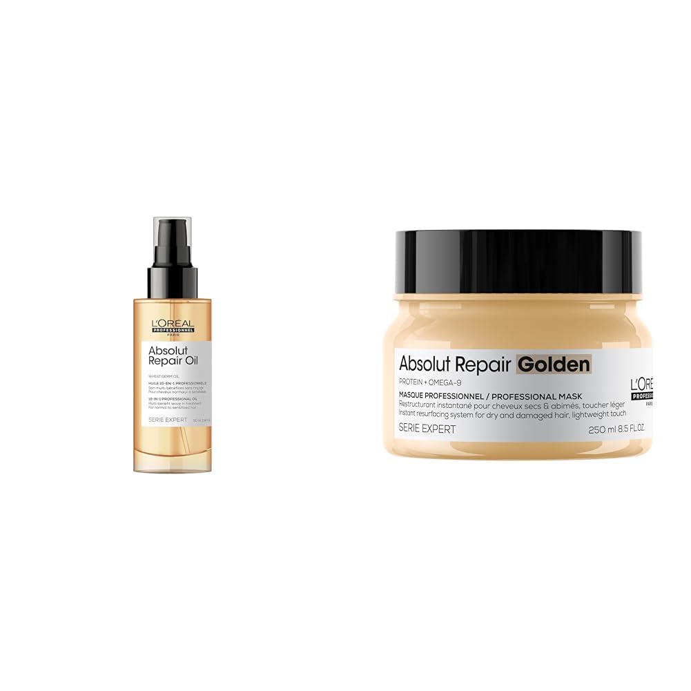 L'Oréal Professionnel Paris Absolut Repair Oil & Golden Mask Set - Protein Treatment For Dry & Damaged Hair, Repairs Damage & Provides Shine
