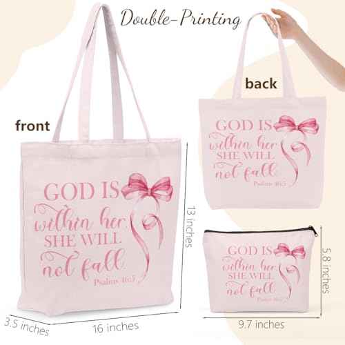 Christian Gifts for Women, Girls Preppy Bow Canvas Tote Bag Makeup Bag Set, Inspirational Bible Verse Religious Gifts Anniversary Nurse Mothers Day Reusable Grocery Bags Travel Cosmetic Bags