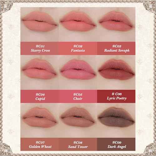 Flower Knows Little Angel Matte Lipstick,Super Soft & Ultra Silky Lip Mud Stick,Long Lasting & Moisturizing Vegan Lip Makeup for Girls&Women,Velvety Brown Finish(C09 Dark Angel)