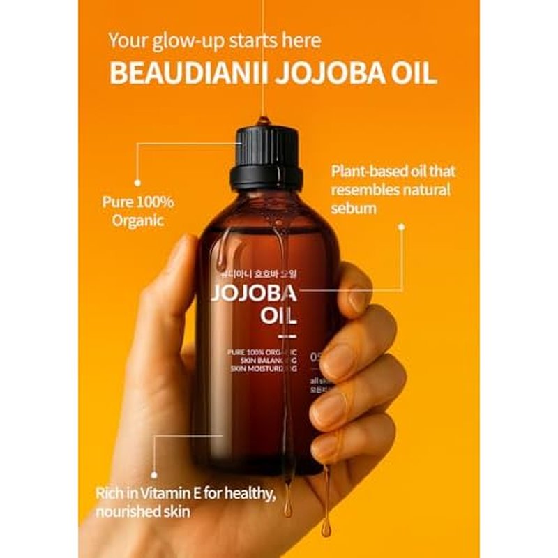 BEAUDIANI Organic jojoba Oil 100ml (3.38 fl.oz) 100% Pure Organic Natural Golden Oil, Cold Pressed Virgin, Vitamin E Oil, Moisturizer for Skin, face, Body, Hair, Nail, Israel Origin