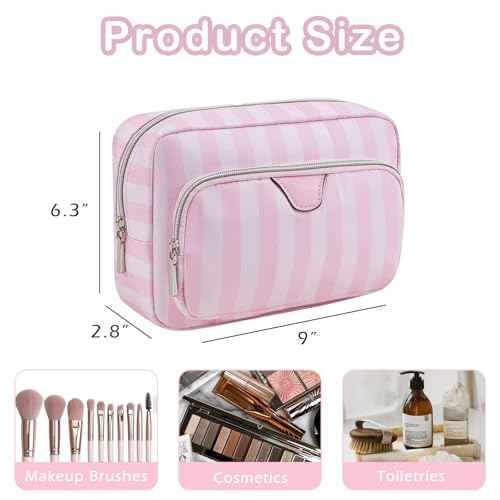 Waterproof Travel Makeup Bag, Aesthetic Nylon Striped Cosmetic Bag£¬Coquette Traveling Toiletry Bag With Zipper, Cosmetic Pouch for Women Purse, Ideal for Women and Girls(02 Compartments)