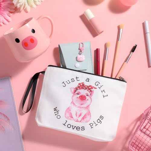 3 Pcs Cow Pig Lovers Gifts for Women Funny Travel Makeup Bag Portable Cosmetic Bag Cute Coffee Mug 11.8 oz Stainless Steel Keychain for Women Graduation Animal Lovers Gifts(Pig Style)