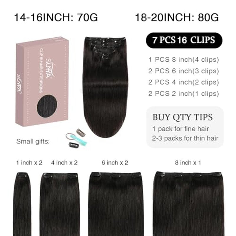 SUYYA Real Human Hair Clip in Extensions - 7 Pcs Straight Remy Hair Clip ins for Women - Double Weft 18 Inch #1B Off Black 80G
