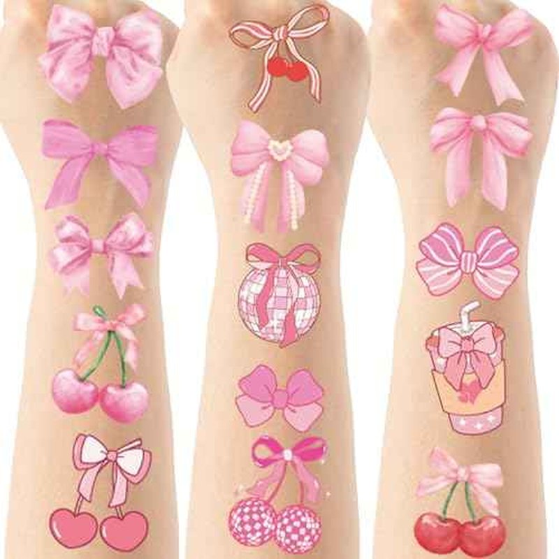 Pink Bow Temporary Tattoos Sticker - 264 Pcs Conquette Birthday Party Favors Party Supplies Decorations, Cherries Disco Ball, Treat Bag Stuffers for Girls Women(8 Sheets)