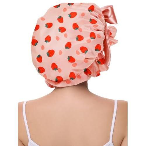 Silk Bonnet for Sleeping Women, Satin Hair Shower Cap 2025 Tie Band Adjustable Straps Head Wrap for Curly Hair Strawberries F