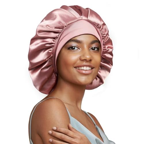 22 Momme 100% Real Mulberry Silk Bonnet for Sleeping Women, Large Hair Care Bonnet for Long Curly Hair, Double Layer Silk Wrap with Soft Elastic Band, Non-Slip Sleep Cap, Pink