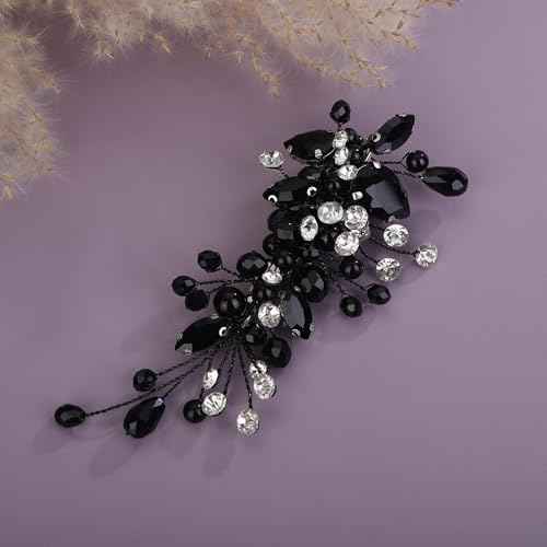Teyglen Bridal Rhinestone Hair Clip Black Pearl Crystal Hair Barrette Sparkly Hair Piece Wedding Hair Clips Hair Accessories Jewelry for Women (Black)