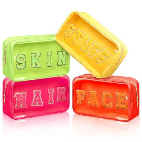 Pinkunn 4 Pcs Preppy Makeup Bags Christmas Chenille Letter Bag Face Skin Hair Stuff Cosmetic Bag Corduroy Makeup Pouch with Zipper Birthday Gifts for Women(Warm Color)