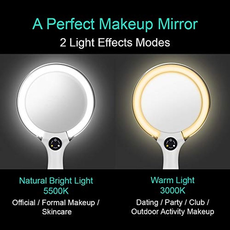 Starlite Handheld Rechargeable Lighted Makeup Mirror with Stand, 1X/5X Magnification, Dual Sided & Vanity Mirror with Bright and Warm Light, Cordless Rechargeable Mirror (White Colour)