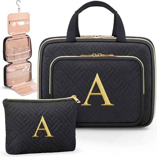 Gifts for Women, Initial Toiletry Makeup Bag Hanging Cosmetic Organizer with Embroidery Letter Personalized Nurse Teacher Appreciation Gift Birthday Christmas Gifts for Mom Sister Wife Friend Auntie
