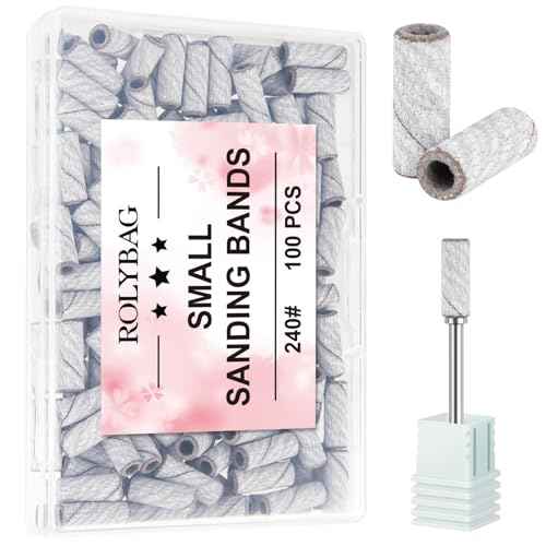 Rolybag 100pcs Small Sanding Bands Nail Drill Bits 240 Extreme Fine Grit Sanding Bands with 3.1mm Mandrel Bits for Acrylic Nails Professional Manicures and Pedicure,Zebra