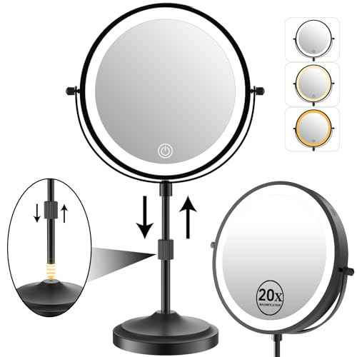 9" Magnifying Mirror with Lights 20X, Height Adjustable Lighted Makeup Mirror with Magnification, 5000mAh Rechargeable Battery, Dimmable, 3 Lighting Colors, Black
