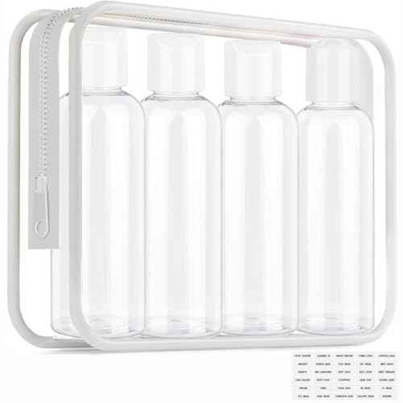 Clear Toiletry Travel Bottles, 3.4oz/100ml TSA Approved Empty Containers with Toiletry Bag - Cosmetic Kit with Labels for Shampoo, Conditioner, Lotion, and Airplane Accessories(4Pack, White)
