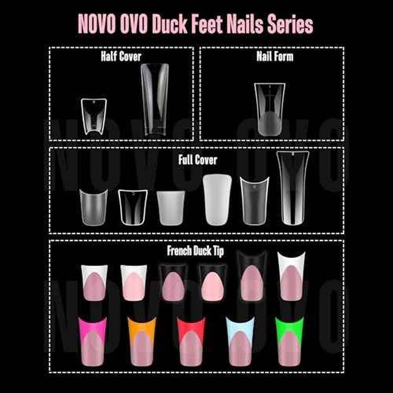 NOVO OVO Duck Nail Tips Extra Short Full Cover Press on, Pre-etched for Acrylic Design, Clear Pre-applied Tip Primer Soft Gel Y2K Flare Fake False Nail Extension Full Coverage x 12 Sizes 120 pcs