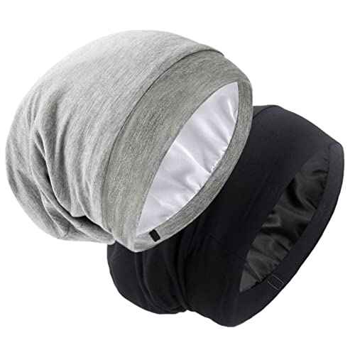 SilkySatin Lined Bonnet Sleep Cap - Adjustable Stay on All Night Hair Wrap Cover Slouchy Beanie for Curly Hair Protection for Women and Men - Black & Light Grey