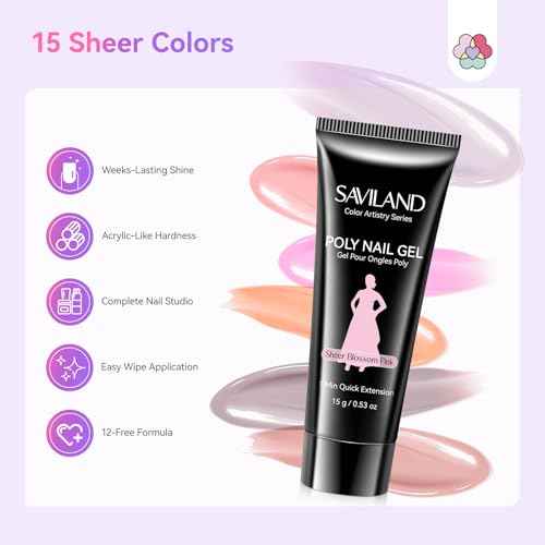 SAVILAND Poly Extension Gel Nail Kit: 15 Colors Poly Gel kit for 4 Weeks Lasting, Natural-Looking Poly Gel Clear White Pink Nude with Slip Solution U V Lamp Suitable for All Seasons Starter Art DIY