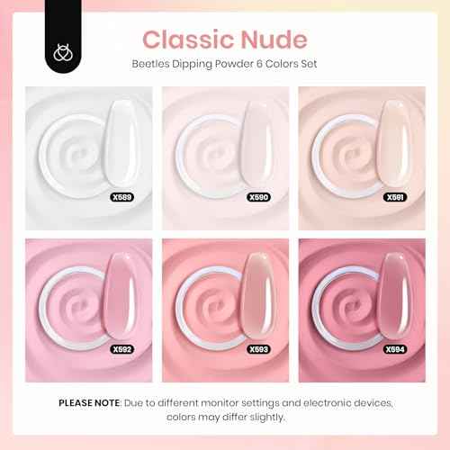 Beetles Dip Powder Nail Kit, 6 Colors Jelly Pink Nude Milky Translucent Powder Dipping Set for All Seasons, Manicure DIY Art at Home, No Need Nail Lamp Cured Gifts for Women