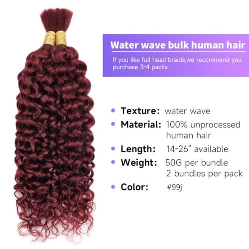 Human Braiding Hair Water Wave Bulk Human Hair For Braiding 100g (1pack-2bundles) No Weft 100% Unprocessed Virgin Human Braiding Hair For Boho Braids Water Wave Micro Braiding Human Hair 14inch #99J