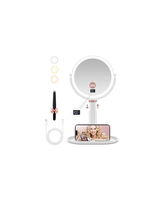 GOMIPURU Makeup Magnifying Mirror with Light 30X/1X, Digital Display, 2-Sided Touch Control, Makeup Mirror with 3 Color Lights,360°, Height Adjustable Lighted Magnifying Mirrors for Desk,White-30X